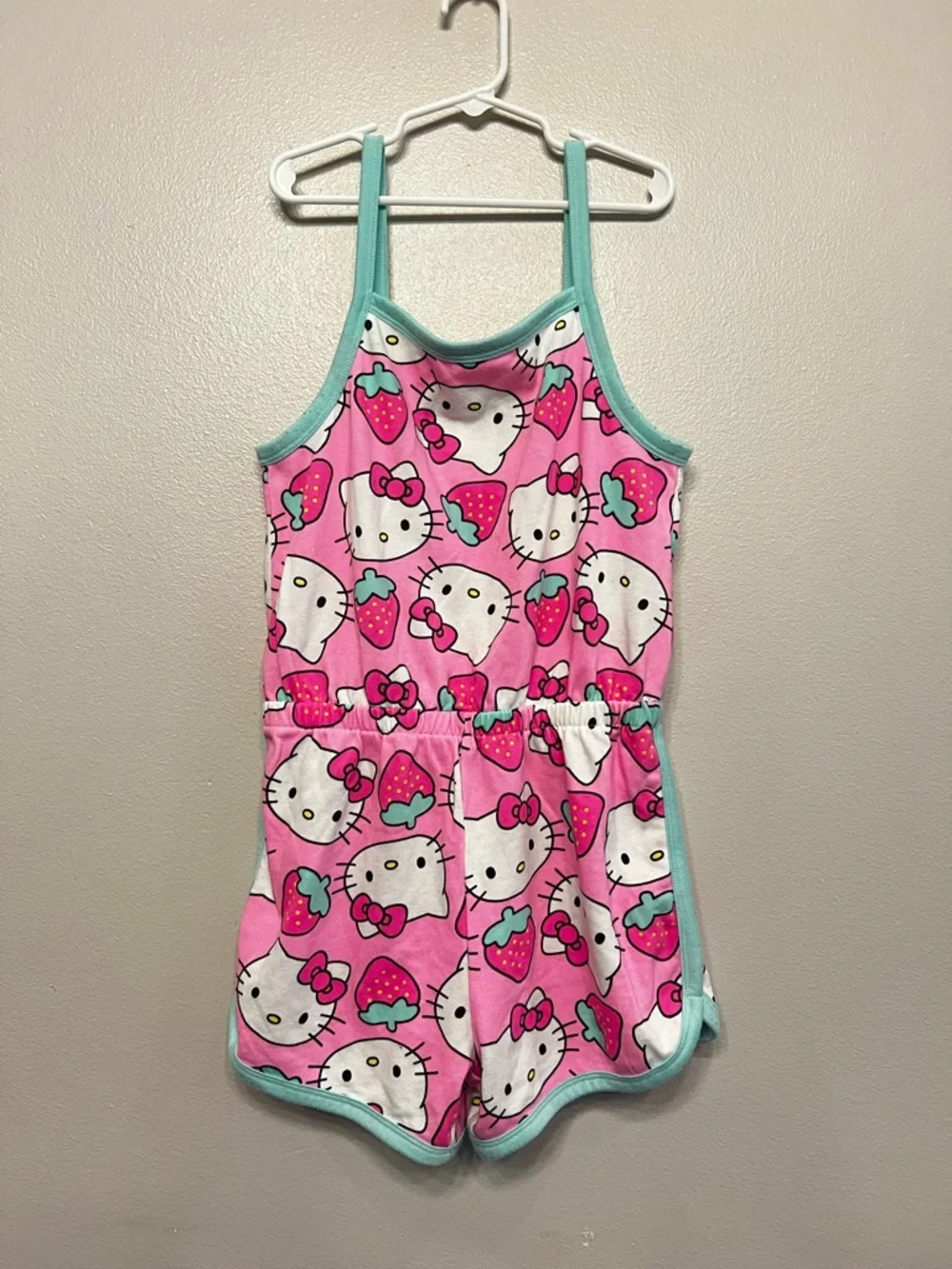 Hello Kitty Pink Strawberry Sleeveless Romper with Teal Trim Girls Large 10/12‎